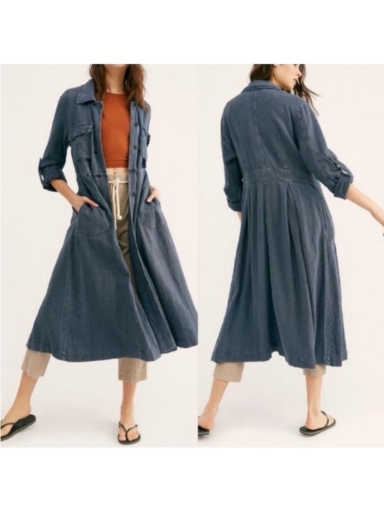 Free People Jackets & Blazers - Free People Rainz Linen Blend Longline Maxi Duster Jacket Atlantic Washed Blue
